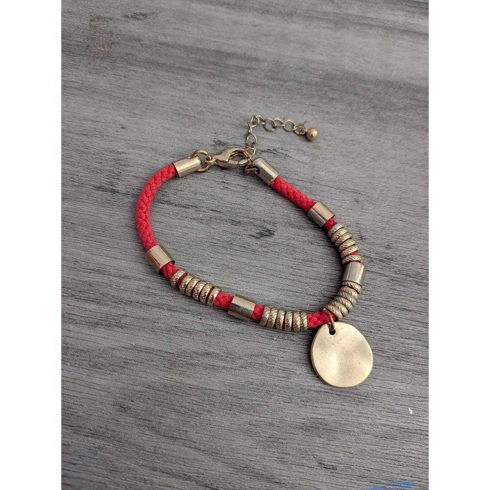 Red Braided Cord Bracelet Gold Tone Rings Hammered Coin Charm Adjustable Boho